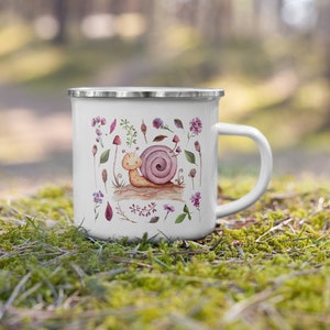 Pink Snail Enamel Camping Mug | Whimsical Coffee Cup Cottagecore Decor | Woodland Camp Mug