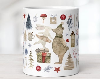 Festive Christmas Coffee Mug | Holiday Bear & Rabbit Ceramic Mug