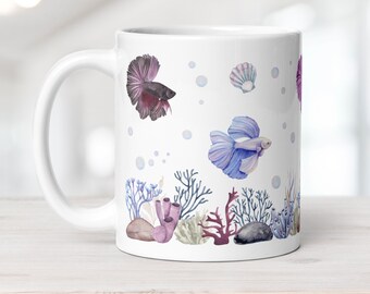 Keramische koffiemok Betta Fish cadeau onder de 20 | Coastal Ocean Life koffiekopje nautisch decor