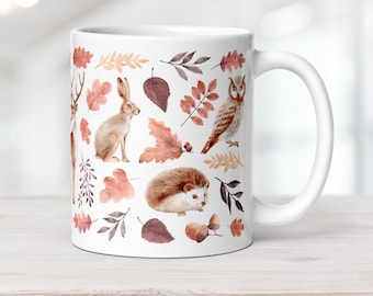 Keramische mok bosdieren | Herfstkoffiekop vos, uil en egel herfstgastheercadeau