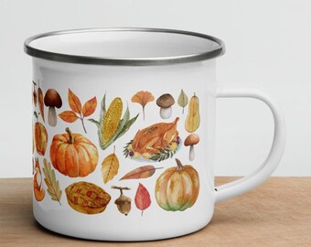 Thanksgiving Enamel Camping Mug: Cottagecore Autumn Decor, Fall Coffee Cup