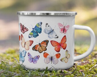 camping mug with butterfly tin Enamel mug Vintage Butterfly enamel mug