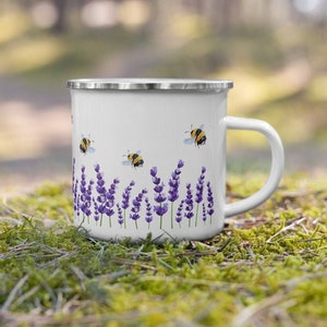 Bee mug cottagecore decor unique gifts for her | Fairycore lavender flower camping enamel mug | Blumble bee floral cute coffee mug