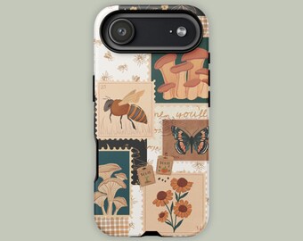 Whimsical Bumble Bee Phone Case for iPhone 17 to 11 | Cottagecore Mushroom Collage Phonecase