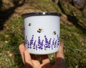 Floral Bee Enamel Mug | Lavender Flower Coffee Cup Cottagecore Decor | Cottage Core Camping Mug