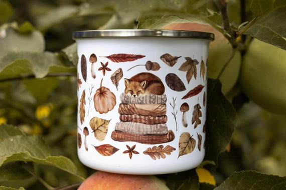 Cozy Fox Enamel Mug Fall Host Gift | Autumn Leaves Camping Coffee Mug | Whimsical Pumpkin Cup