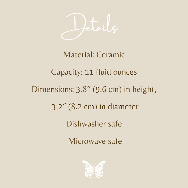 Op de afbeelding: Details van een keramische mok met een capaciteit van 325 ml. De mok is 9,6 cm hoog en 8,2 cm in diameter. Hij is vaatwasser- en magnetronbestendig.
