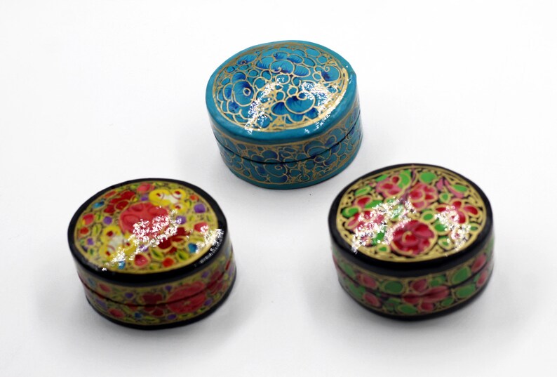 Vintage Kashmiri Trinket Box Paper Mache Eco Friendly Floral Box Ring Round Jewelry Box, Ring Box, Jewelry Gift Box, Diwali Gift, Christmas image 8
