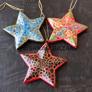 Ornamento per albero di Natale a forma di stella, ornamento a forma di stella in cartapesta fatto a mano, regalo di Natale, ornamento dipinto a mano in Kashmir, decorazione per la casa Boho appesa