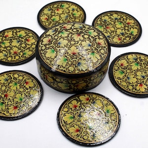 Hand-Painted Decorative Tea Coasters, Paper Mache Drinking Coasters, Gift For Home, Indian Home Décor Gift, Kashmiri coasters box