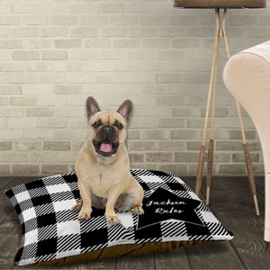 Dog Bed Black and White Buffalo Check Dog Bed Personalized Buffalo Plaid Pet Bed 3 Sizes Dog Bed Name Dog Bed with Removable Cover SM MED LG