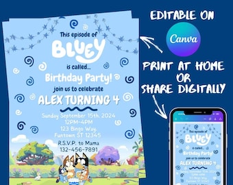 Blue Dog Birthday Party Invite | Digital Invite Template | Editable Electronic | Canva Design Printable | Boy Girl Birthday Themed Party