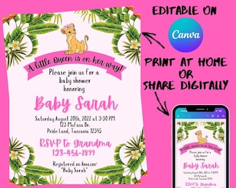 Nala Baby Shower Invite | Baby Girl Digital Invite Template | Editable Electronic | Party Canva Design Printable | For Girl Lion King Queen