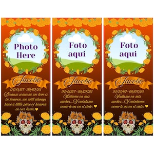 May include: Three vertical memorial banners with a dark brown background. Each banner has a circular frame with a photo placeholder, marigold flowers, and the name "Jacobo". The banners include text in English and Spanish, and a skull with butterfly wings.