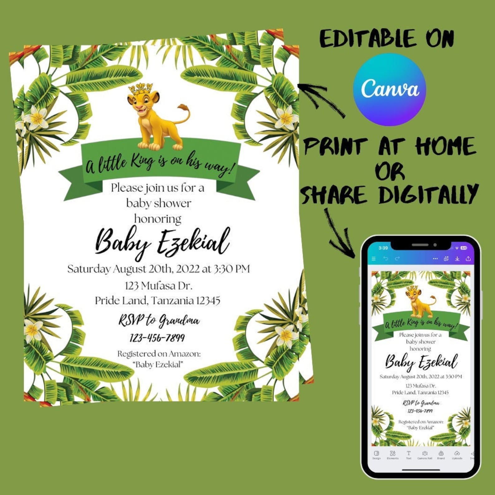 Lion King Baby Shower Invite | Boy Baby Shower Digital Invite Template ...