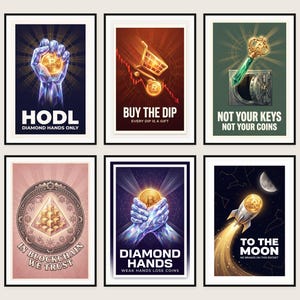 Pode incluir: Um conjunto de seis cartazes emoldurados com temas de criptomoedas. Os designs incluem um punho de cristal segurando um Bitcoin, um carrinho de compras com uma linha de tendência vermelha, uma chave verde com cofre, uma pirâmide, um aperto de mão e um foguete.
