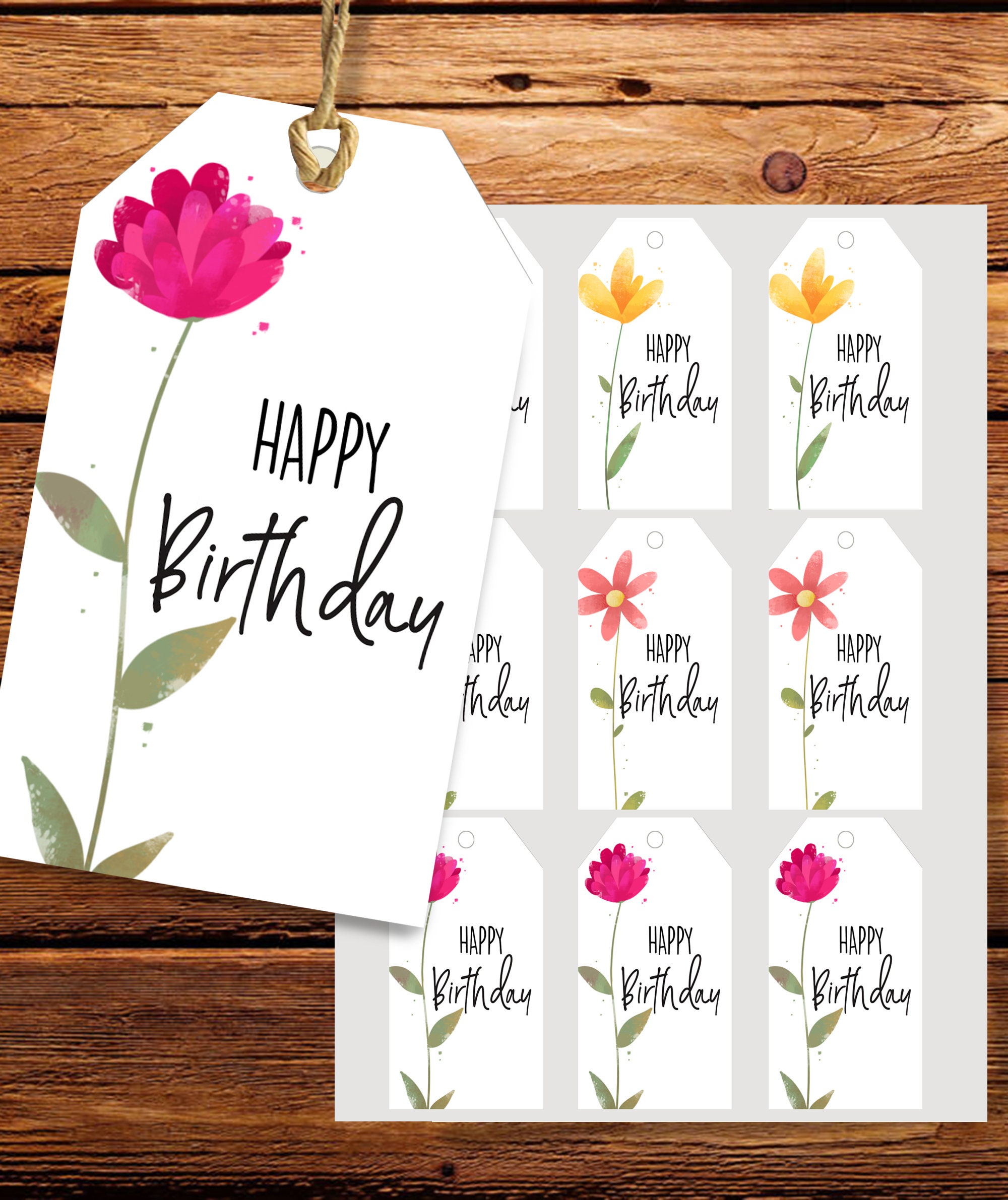 Printable Happy Birthday Tags, Floral Birthday Tag, Birthday Party Tag