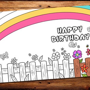 printable birthday coloring card, digital birthday card, Floral coloring card, coloring flowers, Rainbow birthday card for kids