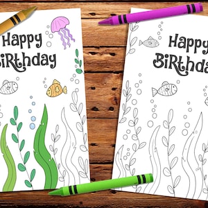 Undersea birthday card, printable happy birthday card, Under sea coloring card, Ocean Coloring birthday card, Digital birthday card