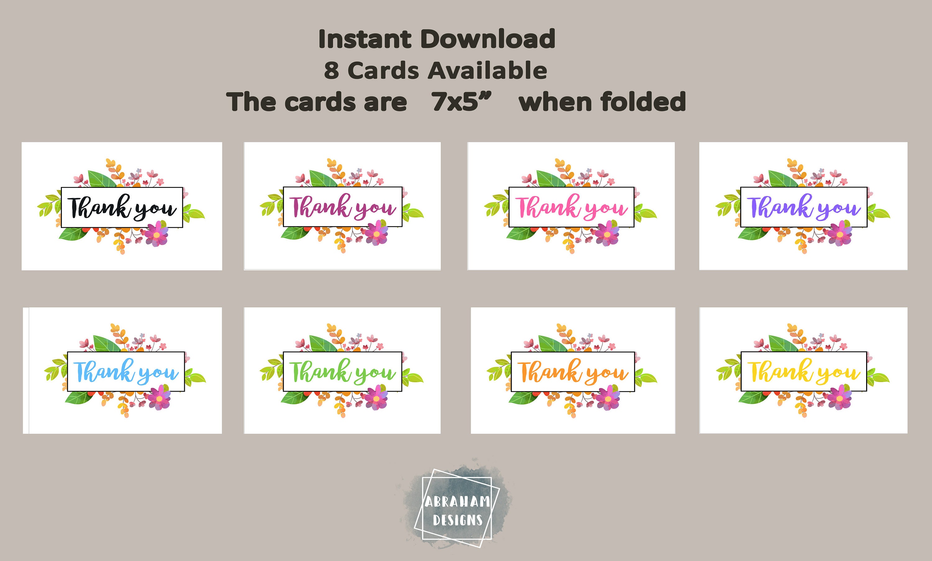 Printable Floral Thank You Card, Folded Card, Thank You Card, Digital ...
