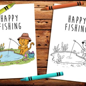 Fishing Digital Stamp, coloring page, Digital fishing image, Cat fishing, Digital Coloring page, Digital birthday stamp, Cute cat fishing