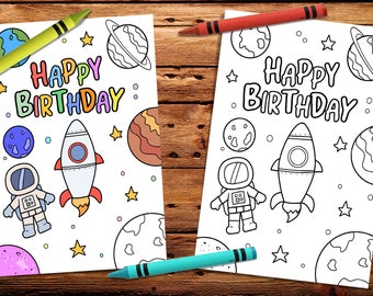 Happy Birthday Coloring Card, printable space birthday Card, Coloring Greeting Card, printable Coloring Card, Happy Birthday Space Card