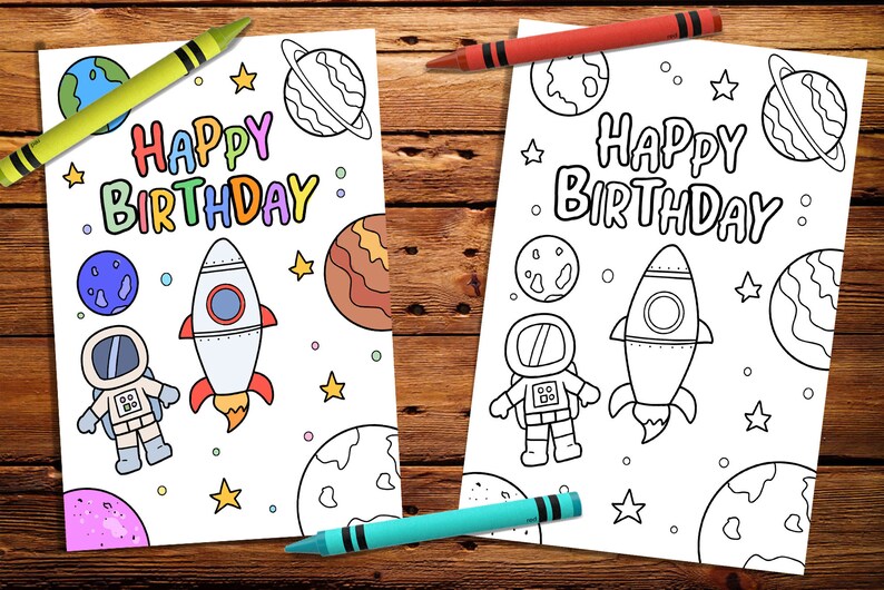 Happy Birthday Coloring Card, Printable Space Birthday Card, Coloring Greeting Card, Printable ...