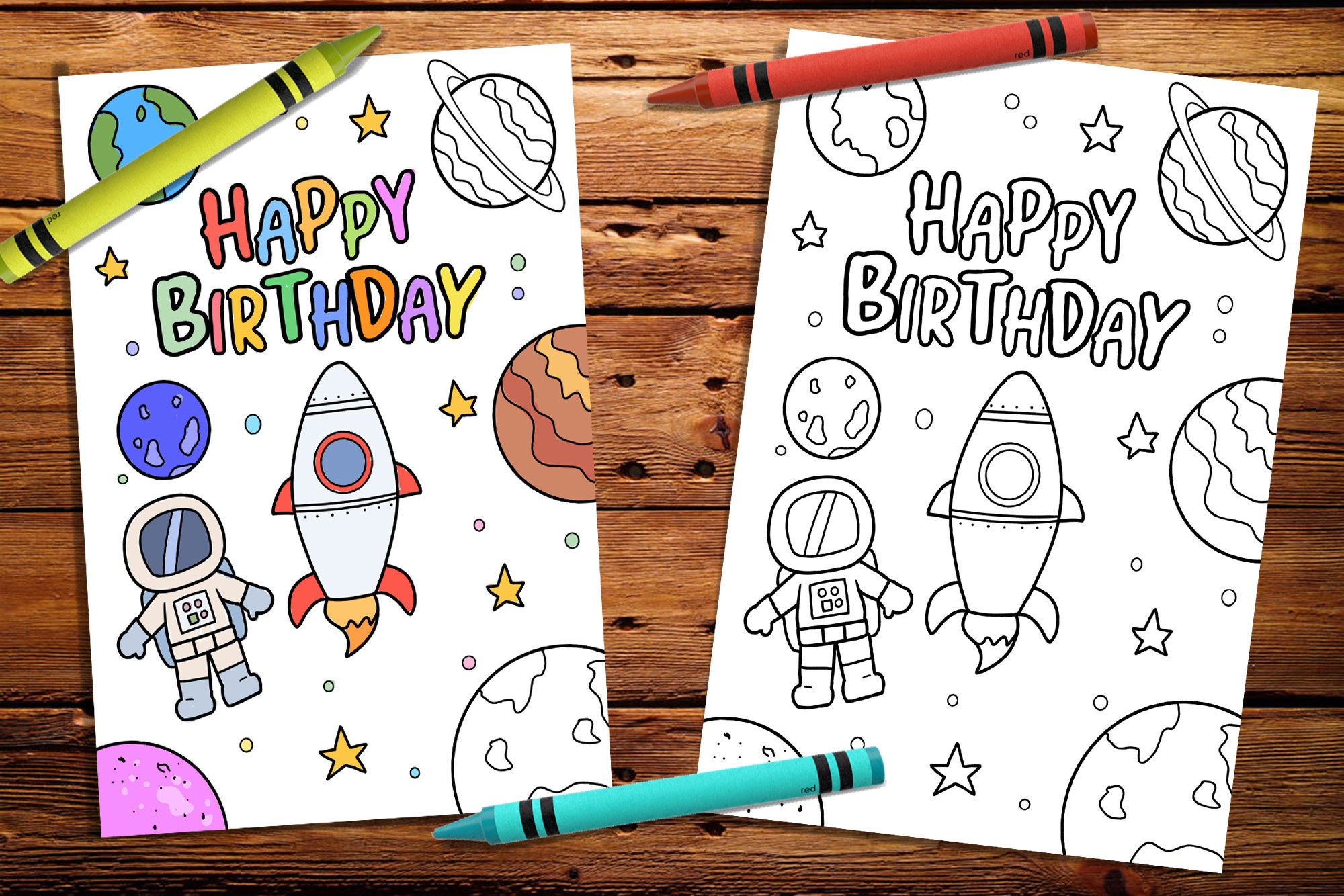 Happy Birthday Coloring Card, Printable Space Birthday Card, Coloring ...