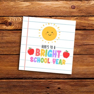 Printable Here&#39;s To A Bright School Year Tag, First Day of School Gift Tag, Welcome Back to School Tag, Back to school tag, Instant download