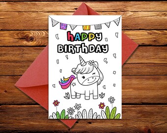 Birthday coloring card, printable coloring card, Digital Unicorn birthday Card, Digital greeting card, happy birthday card, Instant download