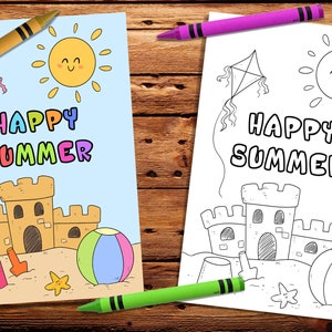 Tarjeta de verano para colorear, Tarjeta de verano feliz imprimible, Tarjeta de verano, Tarjeta de castillo, Tarjeta digital para niños, Tarjeta de verano colorable, Playa, Soleado