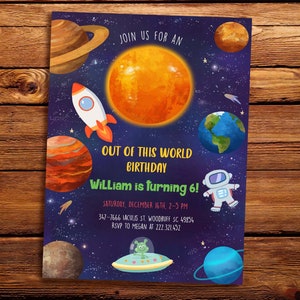 Invitation d’anniversaire modifiable dans l’espace extra-atmosphérique, modèle d’invitation imprimable, vaisseau fusée Planets, invitation d’astronaute, invitation Galaxy Blast Off