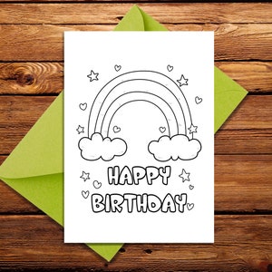Cartão de colorir de feliz aniversário, cartão de aniversário de arco-íris para imprimir, cartão de felicitações para colorir, cartão de colorir para imprimir, cartão de feliz aniversário