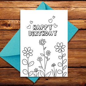 Happy Birthday Coloring Card, printable floral birthday Card, Coloring Greeting Card, printable Coloring Card, Happy Birthday Card