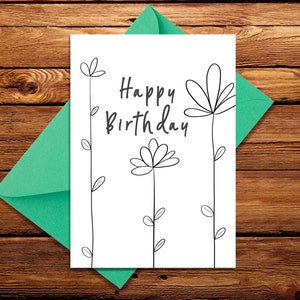 Happy Birthday Coloring Card, printable floral birthday Card, Coloring Greeting Card, printable Coloring Card, Happy Birthday Card