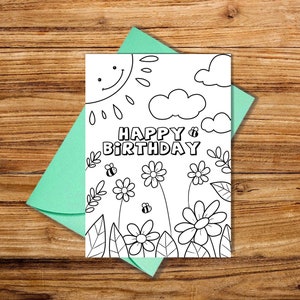 Cartão para colorir de feliz aniversário, cartão de aniversário floral para impressão, cartão para colorir, cartão para colorir para impressão, cartão de feliz aniversário