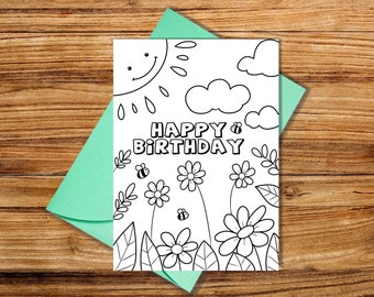 Happy Birthday Coloring Card, printable floral birthday Card, Coloring Greeting Card, printable Coloring Card, Happy Birthday Card