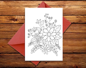 printable coloring card, digital floral card, Floral coloring card, coloring flowers, Instant download, colorable card, card for kids