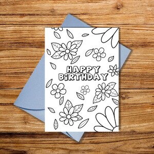 Cartão para colorir de feliz aniversário, cartão de aniversário floral para impressão, cartão para colorir, cartão para colorir para impressão, cartão de feliz aniversário
