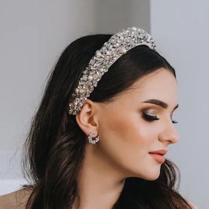 Bride headband, Pearl bridal headband, Embroidered headband, White padded headband, Bridal tiara, Bridal head piece, Wide headband image 1