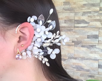 Cartilage cuff, Ear cuff, Ear cuff no piercing, Ear climber, Cartilage earrings opal, Floral bridal earrings, Opal ear cuff, Elven ear cuff