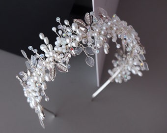 Pearl headband, Bridal headband, Pearl and rhinestone headband, Pearl headband wedding, Bridal tiara headband, Leaf bridal headband