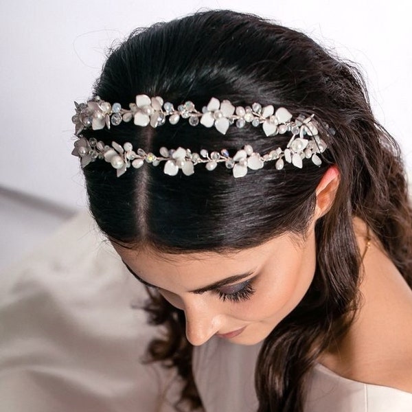 Bandeau double perle, Bandeau de mariée floral, Bandeau rembourré, Pièce de cheveux de mariée, Tiare de mariée, Bandeau de mariée blanc, Tiare floral blanc