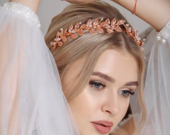 Rose gold tiara, Gold leaf wedding crown, Rose gold headband, Princess tiara, Wedding tiara for bride, Leaf headband, Rose gold crown