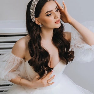 Bride headband, Pearl bridal headband, Embroidered headband, White padded headband, Bridal tiara, Bridal head piece, Wide headband image 9