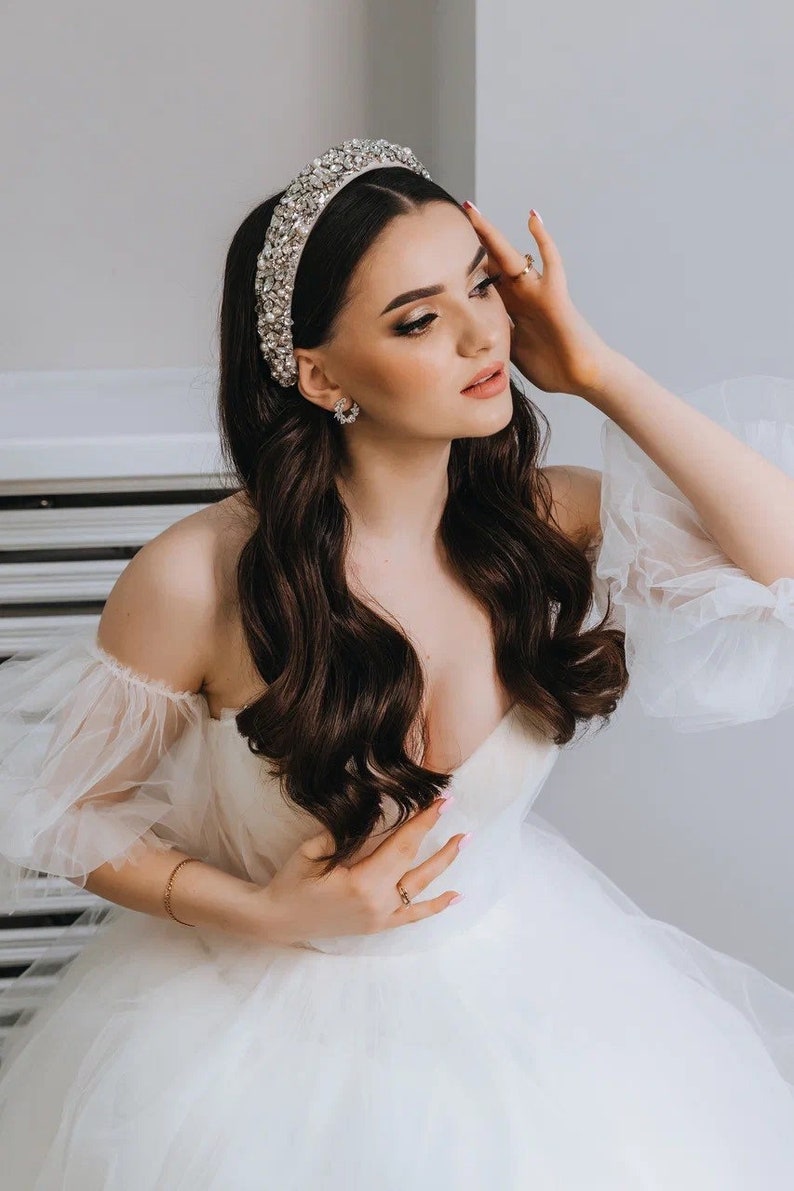 Bride headband, Pearl bridal headband, Embroidered headband, White padded headband, Bridal tiara, Bridal head piece, Wide headband image 9