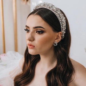 Bride headband, Pearl bridal headband, Embroidered headband, White padded headband, Bridal tiara, Bridal head piece, Wide headband image 2