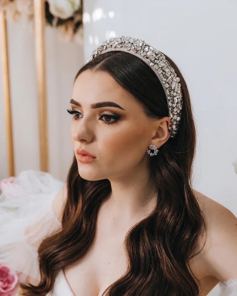 Bride headband, Pearl bridal headband, Embroidered headband, White padded headband, Bridal tiara, Bridal head piece, Wide headband image 2