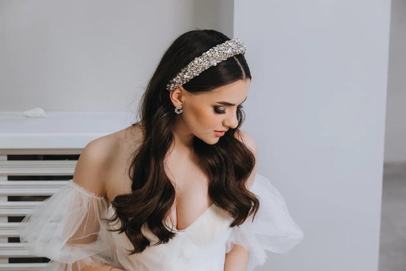 Bride headband, Pearl bridal headband, Embroidered headband, White padded headband, Bridal tiara, Bridal head piece, Wide headband image 5