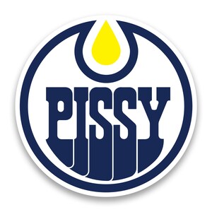 May include: A blue and white circular sticker with a yellow teardrop shape at the top and the word "PISSY" in bold blue letters.